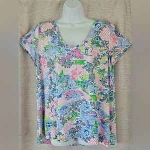 Lilly Pulitzer Pastel Print " Lilly Loves Martha's Vineyard V-Neck Tee Sz XL
